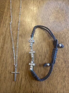 Silver Cross Necklace and Black Cord Cross Bracelet
